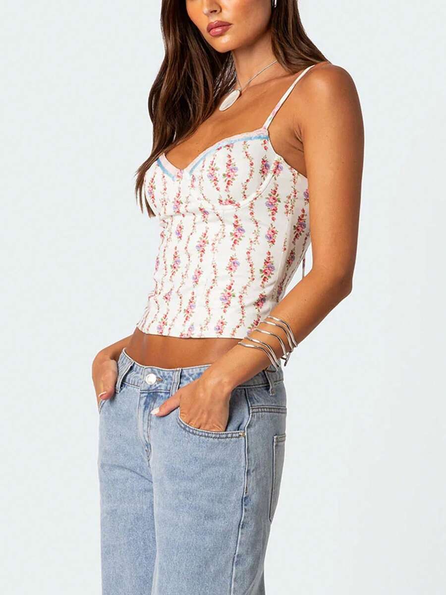 Women Floral Print Tie Strap V - Cami Top Lace recension och pris